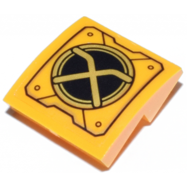 bright light orange slope curved 2 x 2 x 2 3 inverted with mechanical panel with stylized ninjago logogram letter a on black and gold circle pattern sticker - set 71837