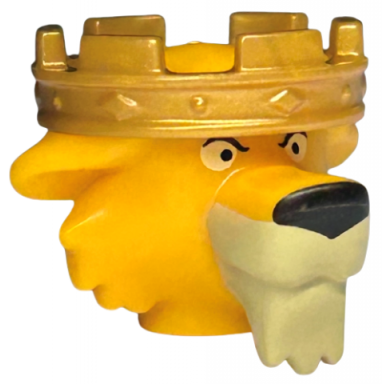 bright light orange minifigure head modified lion with molded gold crown and printed eyes black nose and tan muzzle and beard pattern
