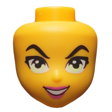 bright light orange mini doll head friends with raised eyebrows yellowish green eyes and dark pink lips pattern