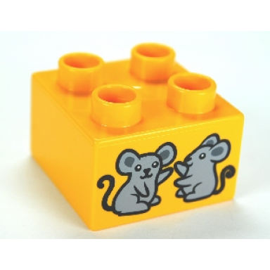 bright light orange duplo brick 2 x 2 with 2 mice pattern