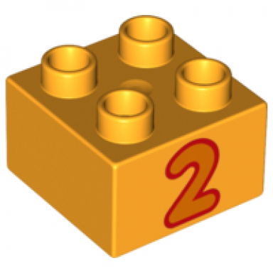 bright light orange duplo brick 2 x 2 with number 2 orange pattern
