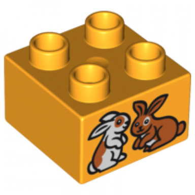 bright light orange duplo brick 2 x 2 with 2 bunny rabbits pattern
