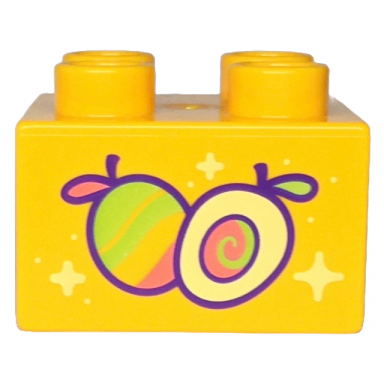 bright light orange duplo brick 2 x 2 with lime coral and bright light yellow mangoes with dark purple outlines and sparkles pattern