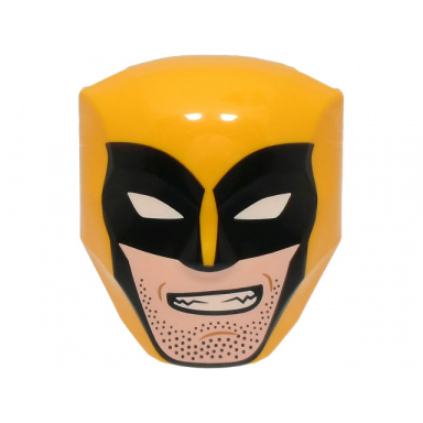 bright light orange large figure face with brow and nose detail 2 x 2 round brick attachment with black mask with white eyes over light nougat face pattern wolverine