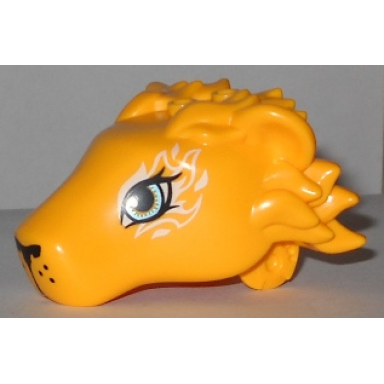 bright light orange lion head with black nose metallic light blue eyes and white flames pattern