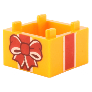 bright light orange container box 2 x 2 x 1 - top opening with flat inner bottom with red and white gift wrap bow and ribbon pattern