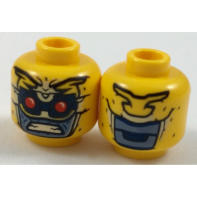 bright light orange minifigure head alien parademon helmet with bright light yellow markings black goggles with red lenses sand blue skin pattern