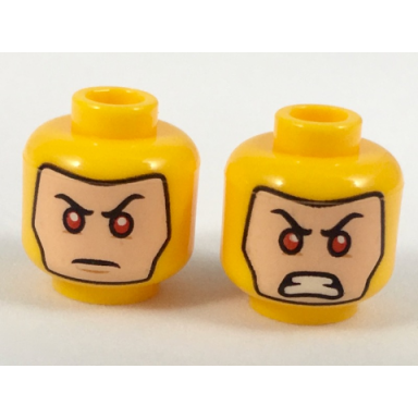 bright light orange minifigure head dual sided balaclava with light nougat face red eyes firm angry with gritted teeth pattern