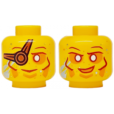 bright light orange minifigure head dual sided reddish brown eyebrows eye patch and cheek lines orange around eyes metallic light blue streaks smile grin pattern