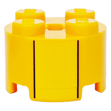 bright light orange brick round 2 x 2 with axle hole with yellow stripe and black lines pattern