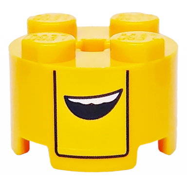 bright light orange brick round 2 x 2 with axle hole with yellow stripe black bent line and open mouth with white teeth pattern