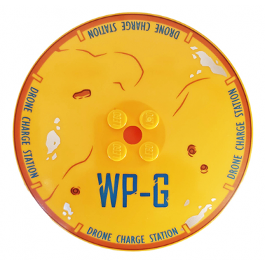 bright light orange dish 8 x 8 inverted radar with dark blue wp-g and drone charge station dark orange rim dirt and rust spots pattern