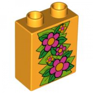 bright light orange duplo brick 1 x 2 x 2 with large flowers and leaves pattern ivy