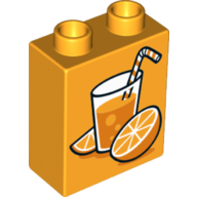 bright light orange duplo brick 1 x 2 x 2 with oranges and glass of orange juice with straw and bubbles pattern