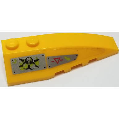 bright light orange wedge 6 x 2 right with red caution triangle black biohazard symbol and lime ooze on silver bolted plates pattern sticker - set 70163