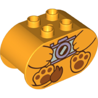 bright light orange duplo brick 2 x 4 x 2 rounded ends with arms holding camera and dark orange paws and tail lion body pattern