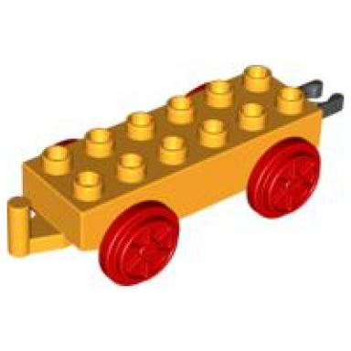 bright light orange duplo train base 2 x 6 with red train wheels and movable hook