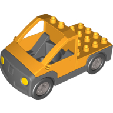 bright light orange duplo truck pickup flatbed with dark bluish gray base