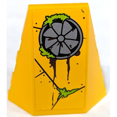bright light orange wedge 4 x 4 triple curved no studs with silver fan metal plates with rivets oil stains and bright green moss pattern model right side sticker - set 70134