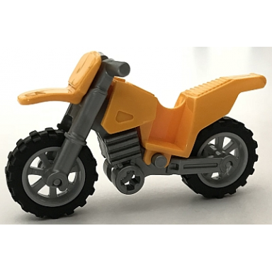 bright light orange motorcycle dirt bike with flat silver chassis long fairing mounts and light bluish gray wheels