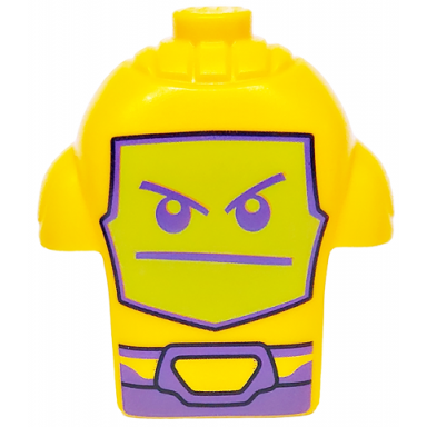 bright light orange minifigure head modified robot with shoulder pads with lime screen face dark purple eyes mouth and armor plates on back pattern