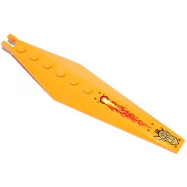 bright light orange hinge plate 3 x 12 with angled side extensions and tapered ends with flames rivets and gold armor plate pattern sticker - set 70146