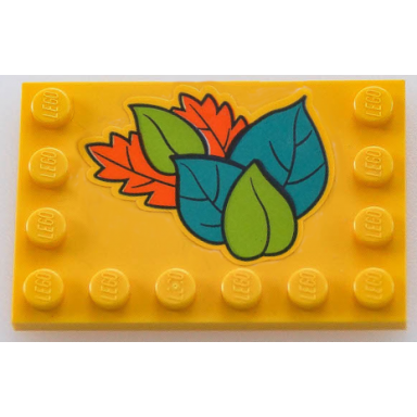 bright light orange tile modified 4 x 6 with studs on edges with dark turquoise lime and orange leaves pattern sticker - set 41433