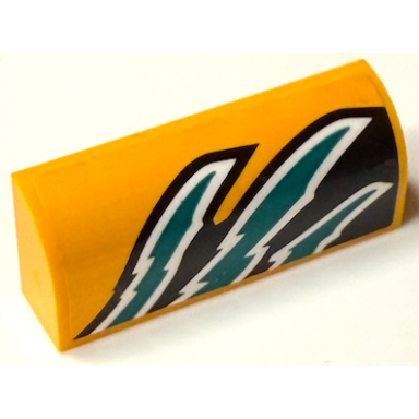 bright light orange slope curved 1 x 4 x 1 1 3 with white and dark turquoise flames on black background pattern model left side sticker - set 60389