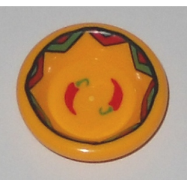 bright light orange minifigure utensil dish 3 x 3 with red hot chili peppers and black bright green and red border pattern