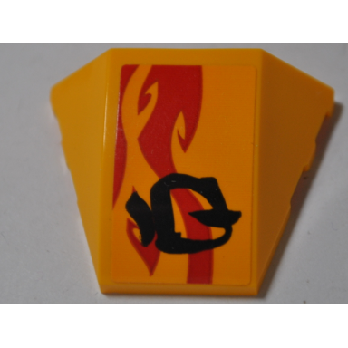 bright light orange wedge 4 x 3 triple curved no studs with red flame and black asian character on bright light orange background pattern model left side sticker - set 70638