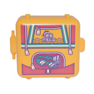 bright light orange container box 3 x 8 x 6 2 3 half front with backpack with dark turquoise swim goggles 1 dolphin and go team pattern