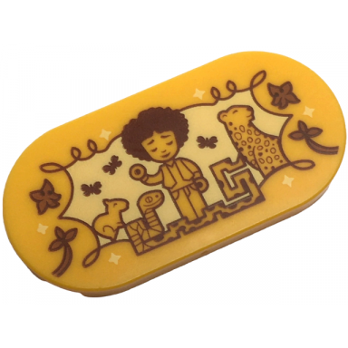 bright light orange tile round 2 x 4 oval with encanto antonio micro doll jaguar capybara snake and butterflies on bright light yellow ornate background pattern