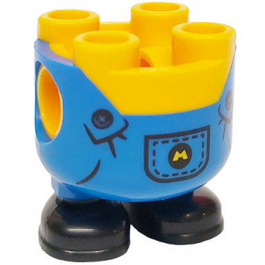 bright light orange lower body rounded short legs with molded blue overalls and black shoes and printed pocket with minions letter m logo and buttons pattern