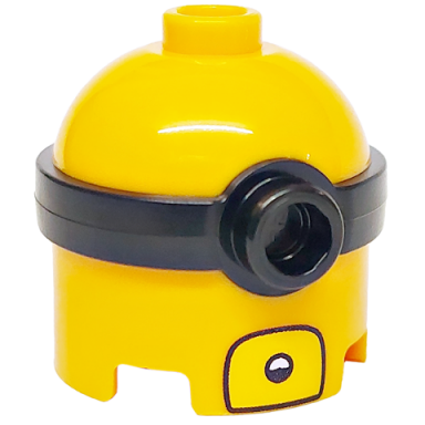 bright light orange minifigure head modified minion tall with molded black single lens goggles and printed open yellow mouth with white teeth pattern