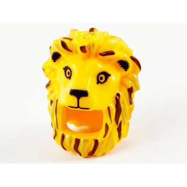 bright light orange minifigure headgear head cover costume lion with reddish brown and gold mane highlights and black facial features pattern