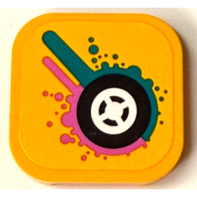 bright light orange tile modified 4 x 4 with rounded corners and 4 feet with black tire white wheel dark pink and dark turquoise paint splotches pattern sticker - set 60389