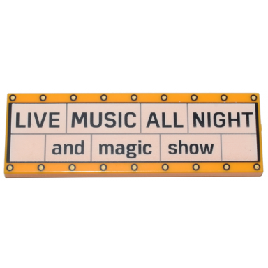 bright light orange tile 2 x 6 with white marquee sign with black live music all night and magic show and bright light yellow circles pattern