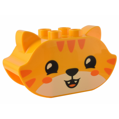 bright light orange duplo brick 2 x 5 x 2 1 2 pointed ends ears on sides with black eyes and nose white face orange stripes and open eyes closed eyes pattern