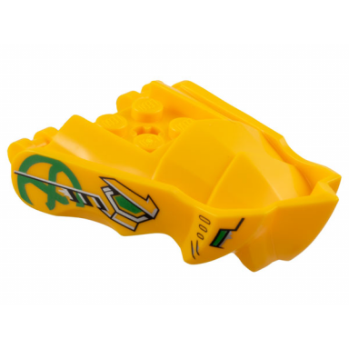 bright light orange dragon head ninjago jaw with small spikes and 2 bar handles on back with green eyes and nostrils with black and silver trim ninjago logogram letter a in circle pattern