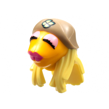 bright light orange minifigure head modified muppet janice with dark tan hat bright light yellow hair pattern