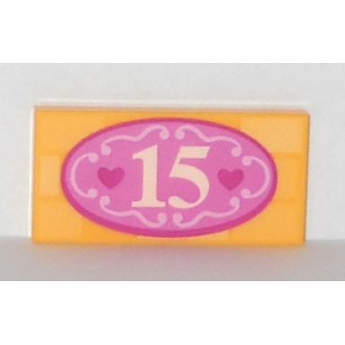 bright light orange tile 2 x 4 with number 15 and dark pink hearts in oval pattern