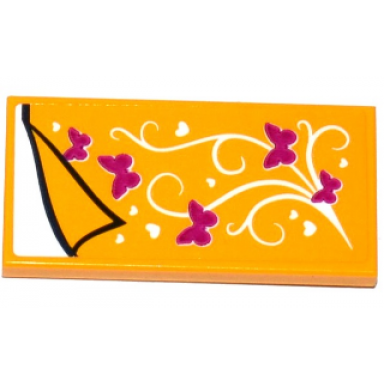 bright light orange tile 2 x 4 with bright light orange blanket with hearts and butterflies and white sheet pattern sticker - set 41125