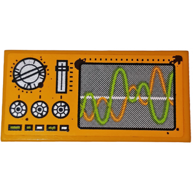 bright light orange tile 2 x 4 with control panel and monitor with lime and orange sine waves pattern sticker - set 70134