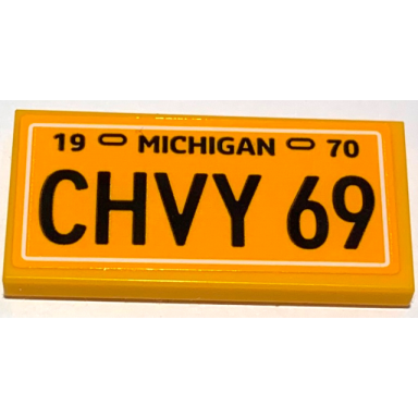 bright light orange tile 2 x 4 with 19 michigan 70 and chvy 69 pattern sticker - set 10304