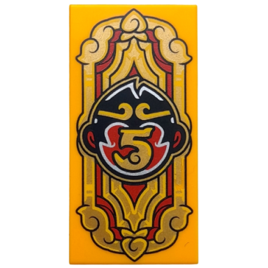 bright light orange tile 2 x 4 with banner with ornaments and black and red monkie kid head logo with gold number 5 pattern