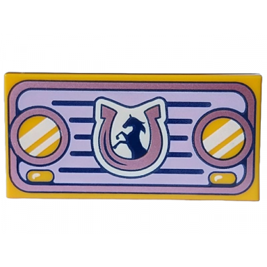 bright light orange tile 2 x 4 with lavender car grille with dark purple horse and lines and metallic pink headlights and horseshoe pattern