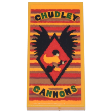 bright light orange tile 2 x 4 with red and medium nougat stripes black diamond and wings quidditch player and green and black chudley cannons pattern sticker - set 76437