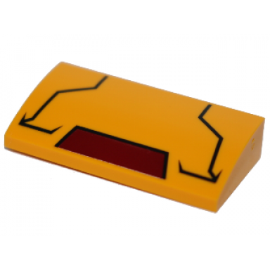 bright light orange slope curved 2 x 4 x 2 3 with bottom tubes with black lines and dark red trapezoid pattern