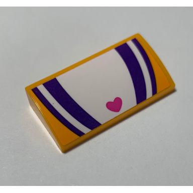 bright light orange slope curved 2 x 4 x 2 3 with bottom tubes with dark purple and white stripes and heart pattern sticker - set 41320