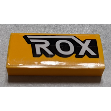 bright light orange slope curved 2 x 4 x 2 3 with bottom tubes with black and white rox pattern side a sticker - set 76067